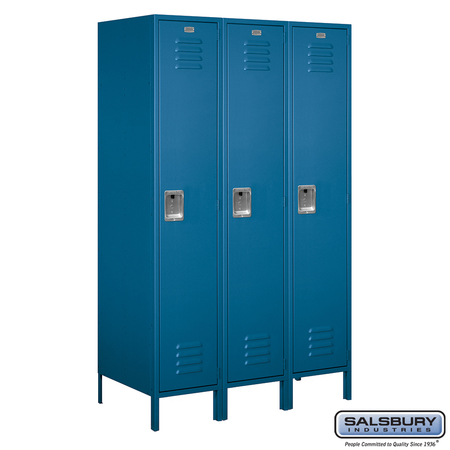 SALSBURY INDUSTRIES 1 Tier Metal Locker, 54"Wx78"Hx21"D, 3 Door, Blue, Unassembled 18-51361BL-U